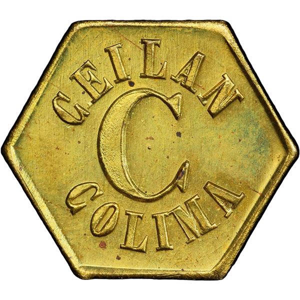 GUATEMALA, Pochuta, brass hexagonal ½ real token, ca. late 1800s, Ceilan Colima / Wyld Hermanos, PCG