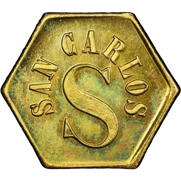 GUATEMALA, Pochuta, brass hexagonal ½ real token, ca. late 1800s, San Carlos / Wyld Hermanos, PCGS M