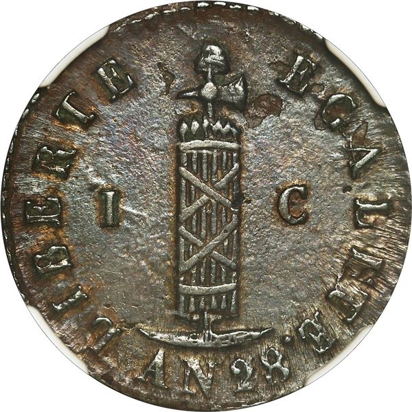 HAITI, copper 1 centime, An 28 (1831), NGC AU 50 BN, ex-Rudman.