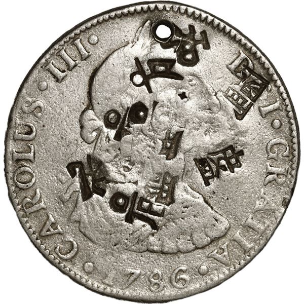 MEXICO, Mexico City, bust 4 reales, Charles III, 1786 FM, with chopmarks from circulation in Asia.