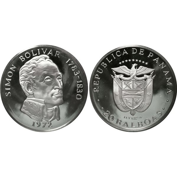 PANAMA, struck by the Franklin Mint, proof 20 balboas, 1972, Simón Bolívar.