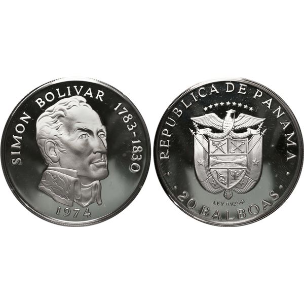 PANAMA, struck by the Franklin Mint, proof 20 balboas, 1974, Simón Bolívar.