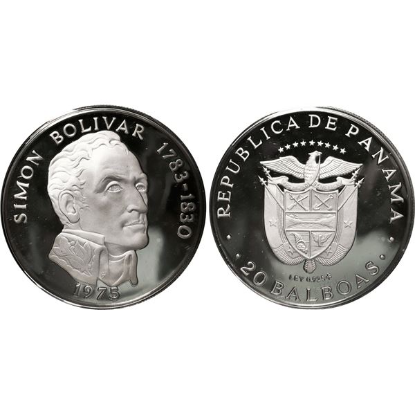 PANAMA, struck by the Franklin Mint, proof 20 balboas, 1975, Simón Bolívar.