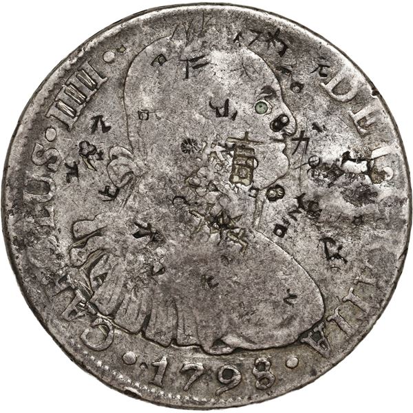 PERU, Lima, bust 8 reales, Charles IV, 1798 IJ, with lots of small and large chopmarks from circulat