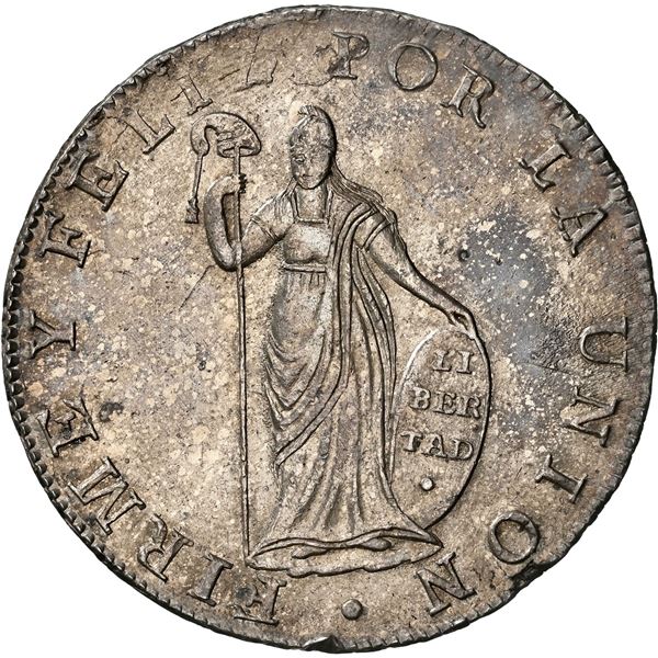 PERU, Cuzco, 8 reales, 1827 GM, NGC AU details / obv rim damage, ex-Almenara.