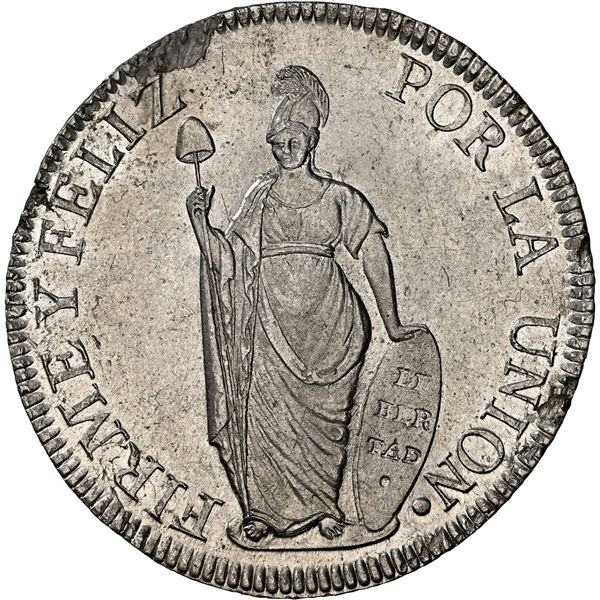 PERU, Lima, 8 reales, 1828 JM, NGC UNC details / rev spot removed, ex-Almenara.