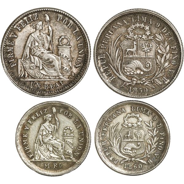 PERU, Lima, lot of two minors of assayer YB: 1 real 1859 and ½ real 1860.