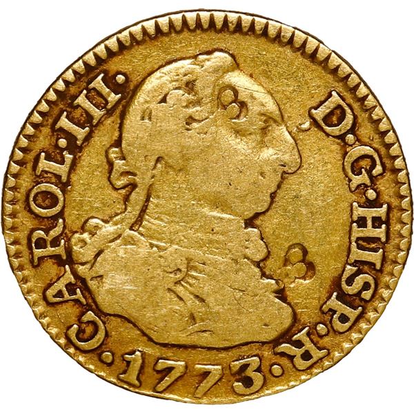 SPAIN, Madrid, gold bust ½ escudo, Charles III, 1773 PJ, with clover-shaped countermarks.
