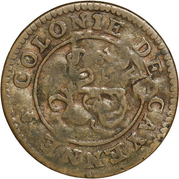 TOBAGO, copper "black dogg" (three halfpence), incuse TB/o countermark on a French Cayenne (Paris mi