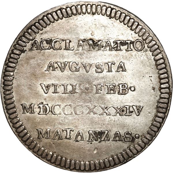 CUBA (under Spain), 2 reales-sized silver proclamation medal, Isabel II, 1834, Matanzas.