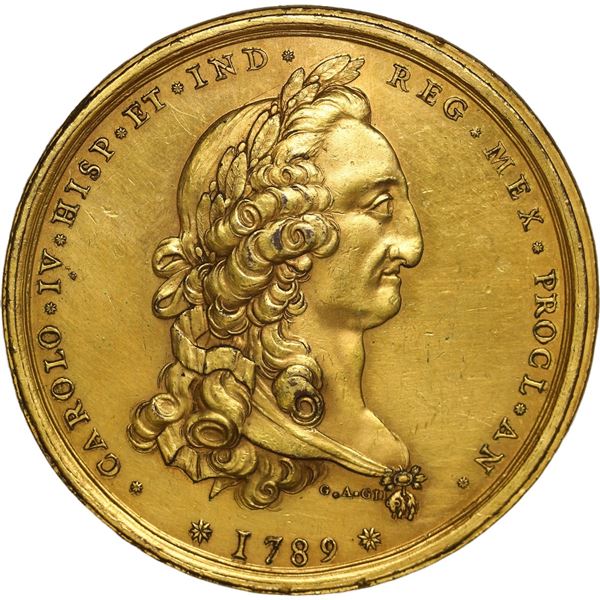 MEXICO, Mexico City, gilt bronze proclamation medal, Charles IV, 1789, Archbishop of Mexico City, by