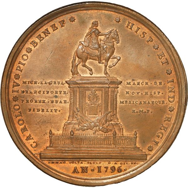 MEXICO, large bronze medal, Charles IV, 1796, "Caballito" statue erected by the Marquis of Brancifor