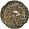 Image 1 : PERU, Lima, 1/5 sol-sized silver medal, 1877, banknote incineration, NGC AU details / environmental 
