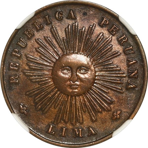 PERU, Lima, 1/5 sol-sized bronze medal, 1877, banknote incineration, NGC AU details / cleaned.