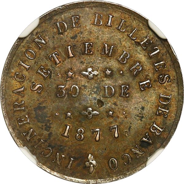 PERU, Lima, 1 dinero-sized silver medal, 1877, banknote incineration, NGC AU 58.
