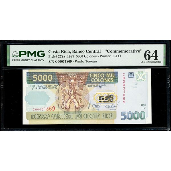 COSTA RICA, San José, Banco Central, 5000 colones, 24-2-1999, series C, serial C00031869, 50th anniv