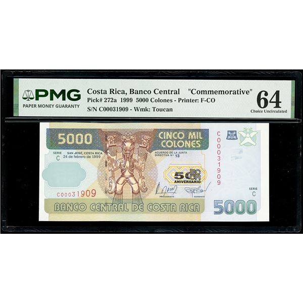 COSTA RICA, San José, Banco Central, 5000 colones, 24-2-1999, series C, serial C00031909, 50th anniv
