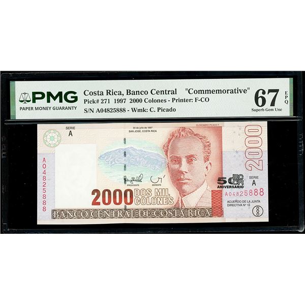 COSTA RICA, San José, Banco Central, 2000 colones, 30-7-1997, series A, serial A04825888, 50th anniv