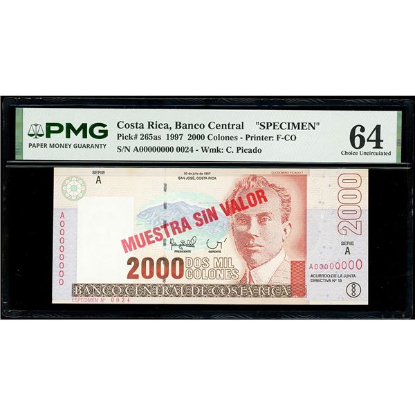 COSTA RICA, San José, Banco Central, 2000 colones specimen, 30-7-1997, series A, PMG Choice UNC 64.