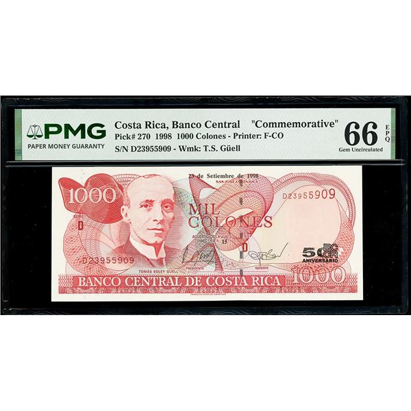 COSTA RICA, San José, Banco Central, 1000 colones, 23-9-1998, series D, serial D23955909, 50th anniv