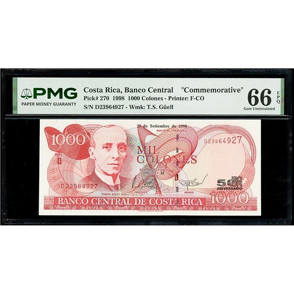 COSTA RICA, San José, Banco Central, 1000 colones, 23-9-1998, series D, serial D23964927, 50th anniv