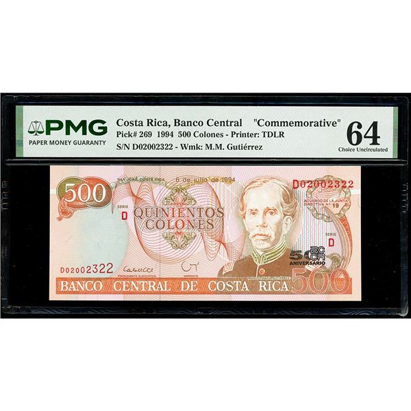 COSTA RICA, San José, Banco Central, 500 colones, 6-7-1994, series D, serial D02002322, 50th anniver