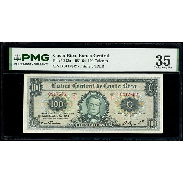COSTA RICA, San José, Banco Central, 100 colones, 18-12-1961, series B, serial 0117302, PMG Choice V