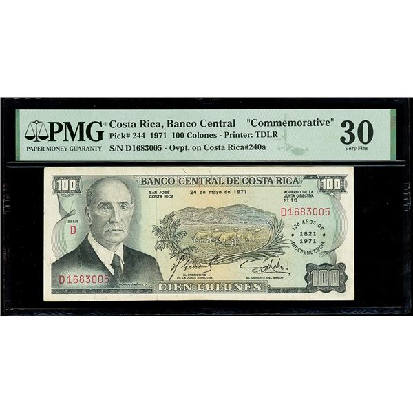 COSTA RICA, San José, Banco Central, 100 colones, 24-5-1971, series D, serial D1683005, 150th annive