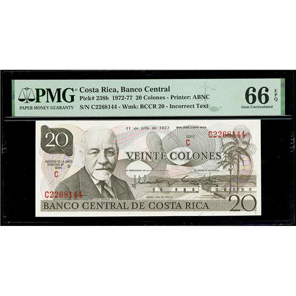 COSTA RICA, San José, Banco Central, 20 colones, 11-7-1973, series C, serial C2268144, incorrect tex