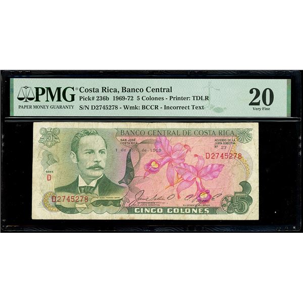 COSTA RICA, San José, Banco Central, 5 colones, 1-4-1969, series D, serial D2745278, incorrect text 