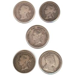 Lot of 5 Canada 25 Cents 1874-1906
