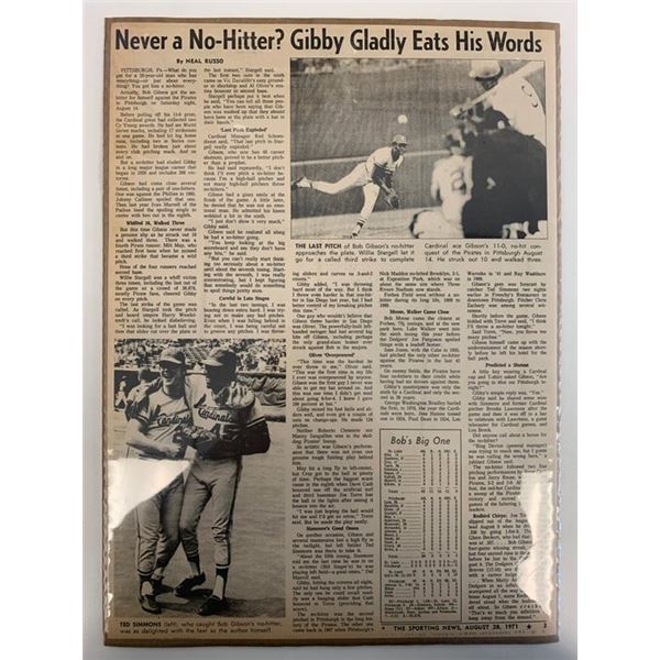 Cardinals Bob Gibson No-Hitter Newspaper article. 1971