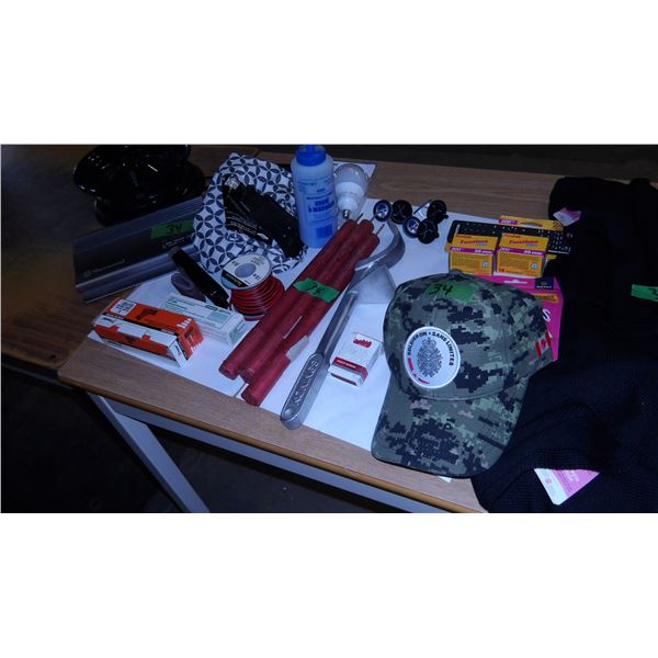 UNCLAIMED STORAGE:  BOX C/W SCARVES, KODAK FILM, CAMO CAP, ETC