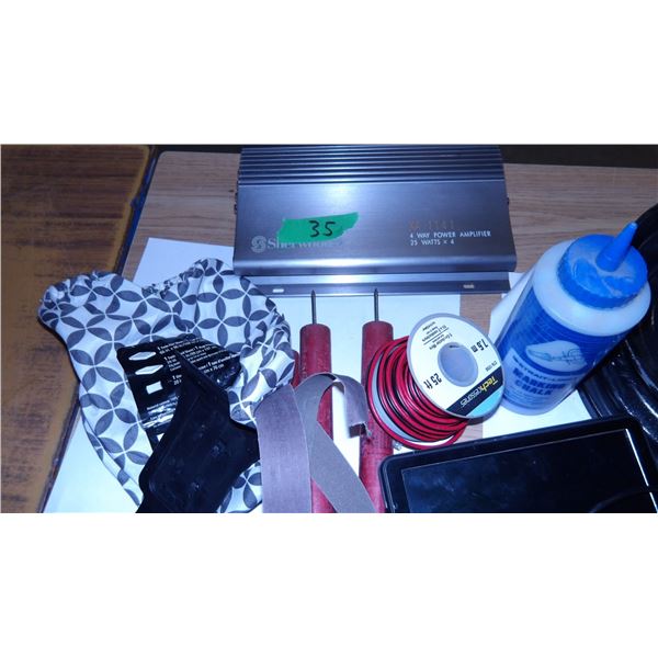 UNCLAIMED STORAGE:  BOX C/W 8" RIM, 4 WAY POWER AMP, FLARES, PLUG IN TABLET
