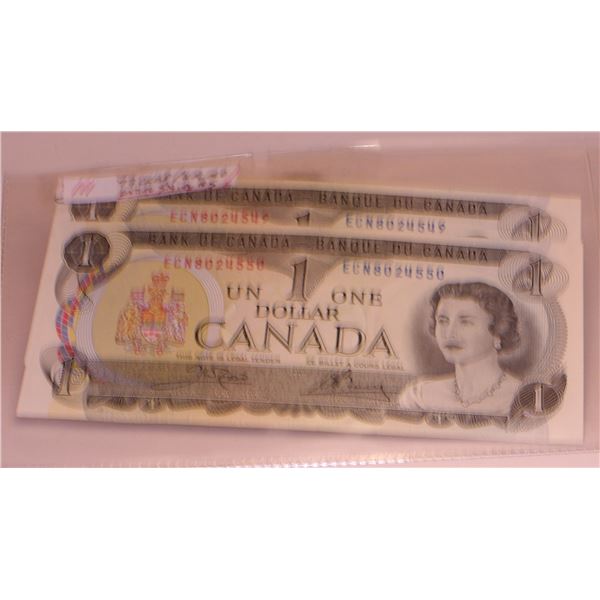 1973 CRISP UNCIRCULATED SEQUENTIAL SERIAL NUMBER CANADA $1 BILLS