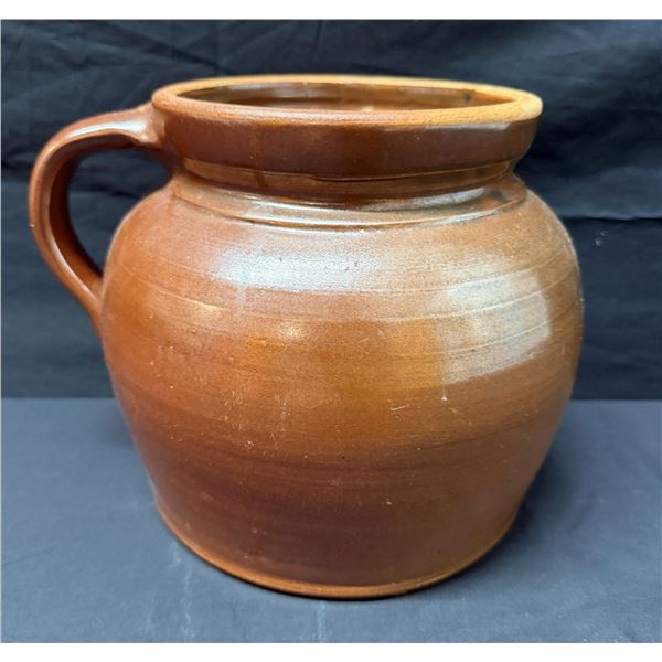 Brown Glazed Stoneware Jug w/ Handle & Maker's Mark 8" Dia, 7.5"H