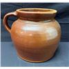 Image 1 : Brown Glazed Stoneware Jug w/ Handle & Maker's Mark 8" Dia, 7.5"H