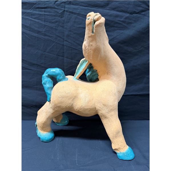 Handcrafted Pottery Donkey Figurine w/ Blue Mane & Tail Signed 12" x 14"H (Broken & Repaired)