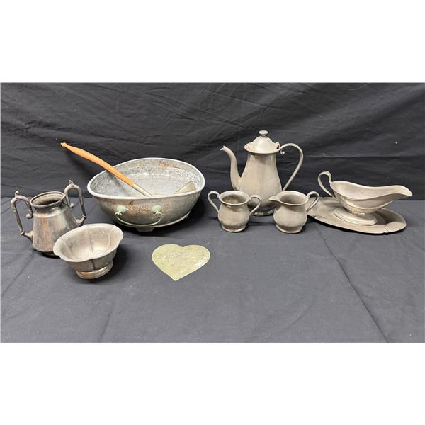 Pewter & Silver Plated Teapot, Creamer, Gravy Boat