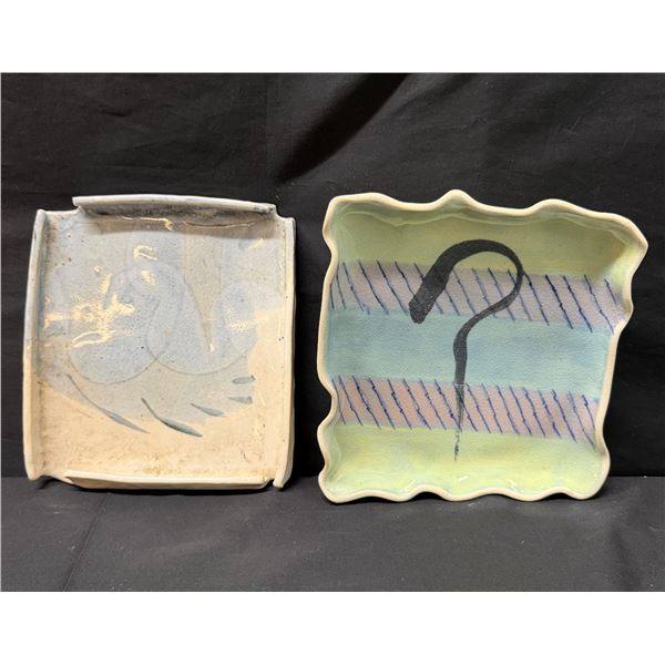 Qty 2 Square Ceramic Plates (1 by John Staple of Taos NM), Misc Designs & Sizes