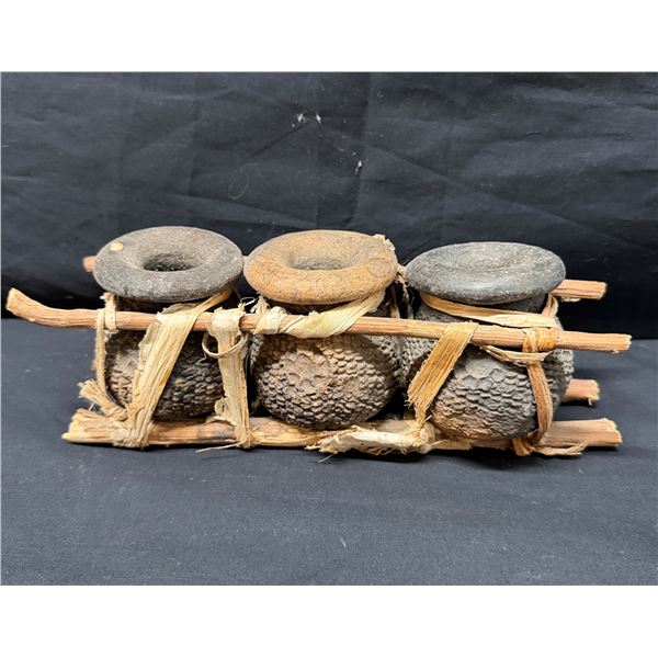 Set of 3 Pre-Columbian Style Triple Pot in Wooden & Rattan Frame 9.5" x 3.5"H