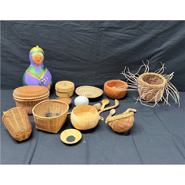 Multiple Woven Baskets, Utensils, Painted Eggs, Gourd Figurine etc Misc Designs & Sizes