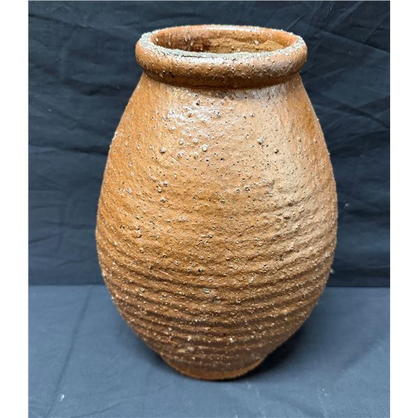 Japanese Stoneware Jar w/ Wide Rim & Ribbed Textured Surface 11"H