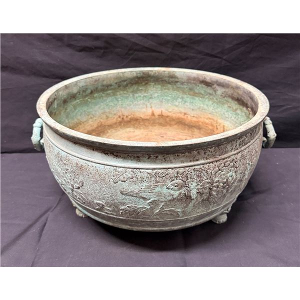 Japanese Bronze Temple Basin w/ Birds, Peonies, Chrysanthemums & Tripod Monster Feet  13" Dia, 7"H