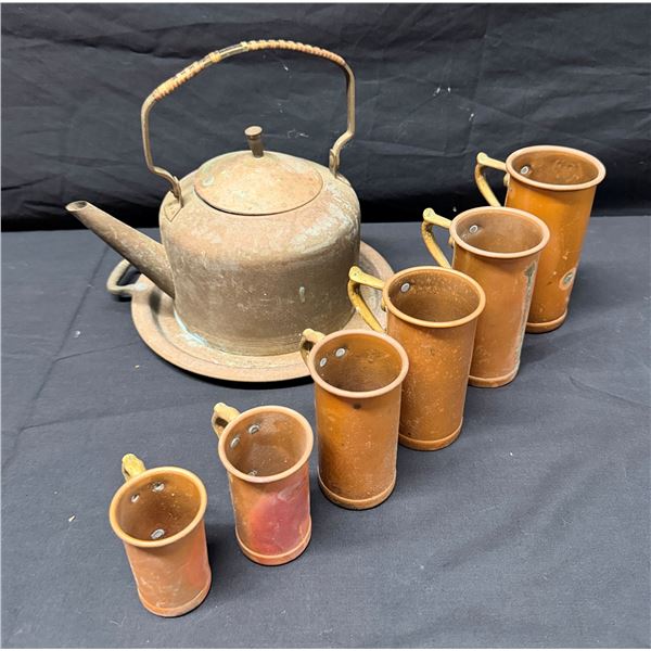 German Tea Set w/ Teapot Circa Late 20th C & 6 Italian Copper Measuring Cups w/ Maker's Mark