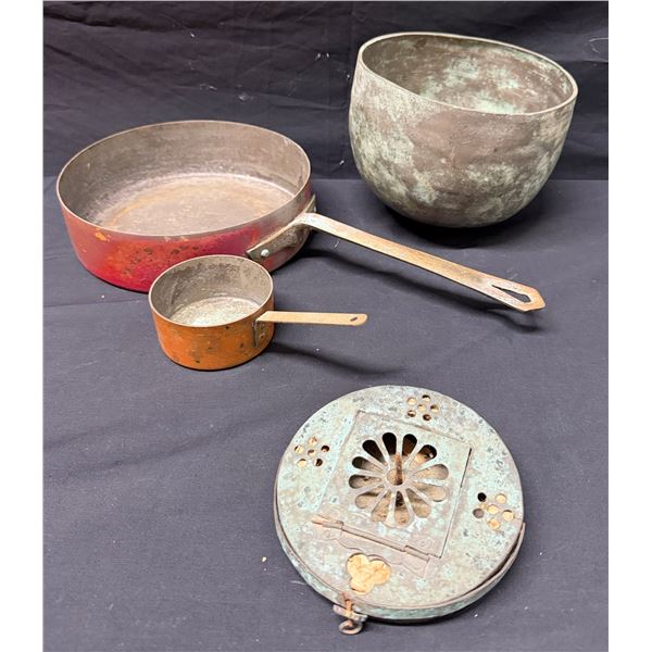 Himalayan Singing Bowl (cracked), 2 French Copper Pans & Late Meiji Japanese Temple Lantern