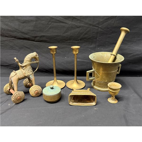 Multiple Brass Ornaments: Mortar & Pestle, Candlesticks, Toy Horse, Jar, Egg Cup, etc Misc Sizes