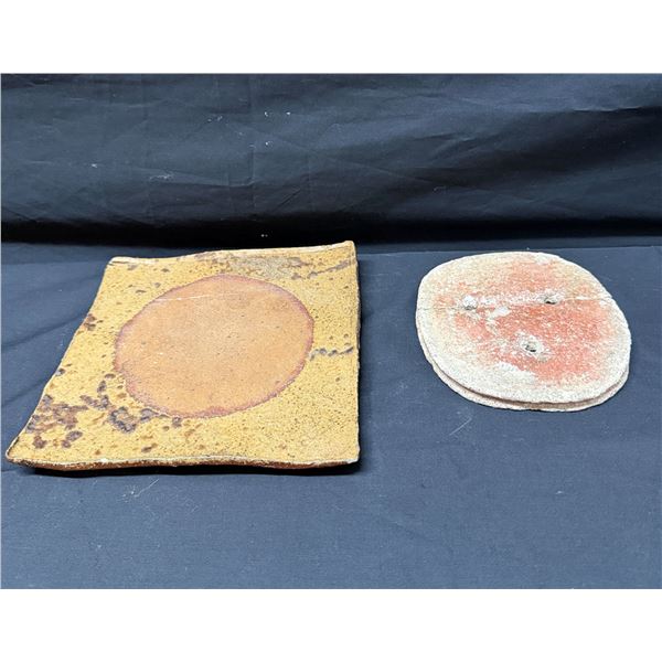 Qty 2 Vintage Folk Art Plates: Square & Round, Misc Sizes