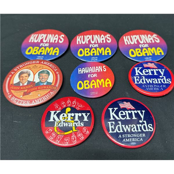 Qty 8 Campaign Buttons 2004-2008: Hawaiians & Kupuna for Obama, John Kerry, etc Misc Sizes