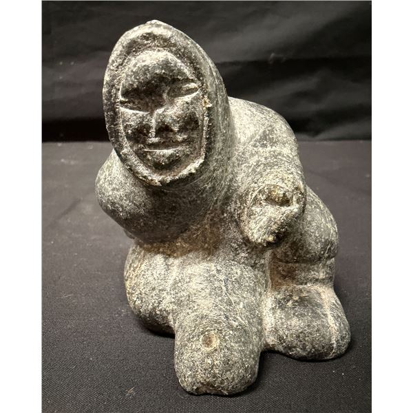 Vintage Inuit Soapstone Carving Figure in a Hooded Parka w/ Maker's Mark Circa 1960, 3" x 3"
